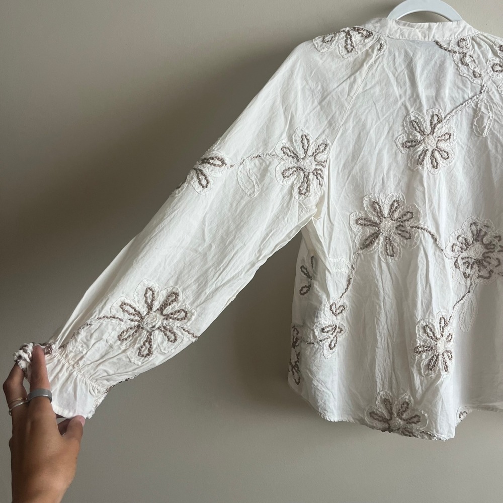 Zara Embroidered Floral Peasant Blouse Size S Boho Balloon Sleeve Tassel Tie - Picture 5 of 7